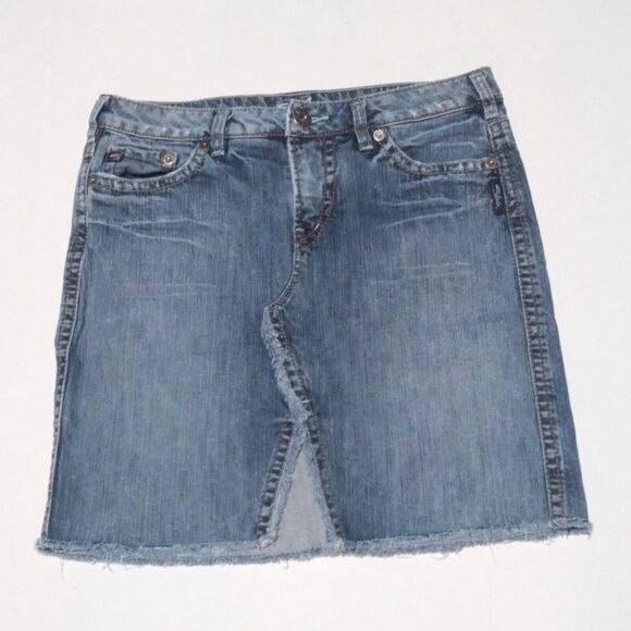 Silver Jeans Ana Denim Skirt-Size 29-Asymmetrical Seam-Raw Hem-Embroidered - Picture 1 of 11